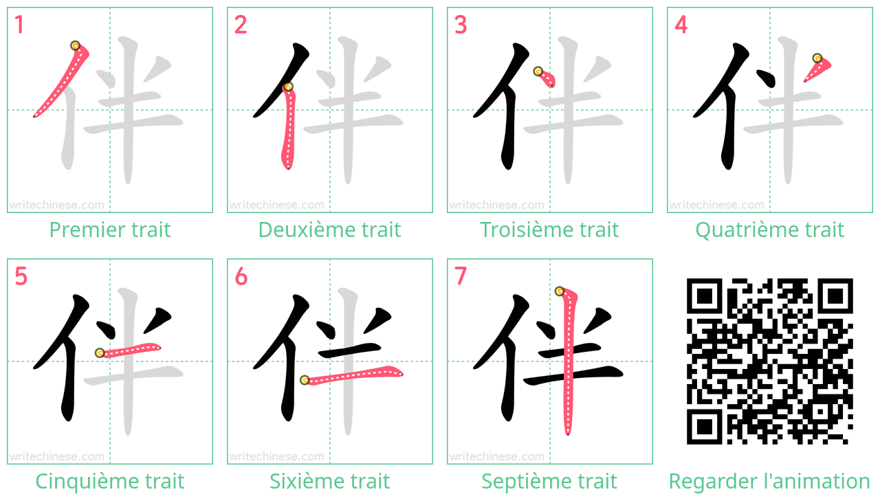 Diagrammes d'ordre des traits étape par étape pour le caractère 伴