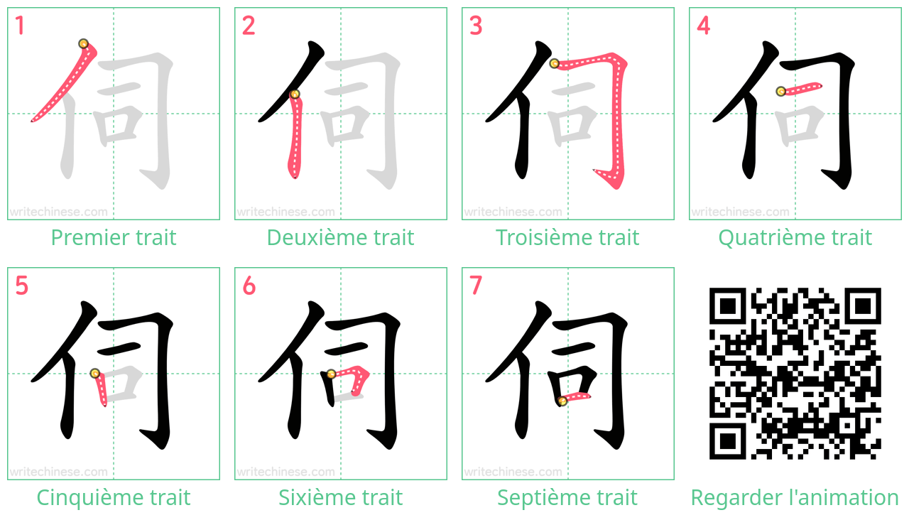 Diagrammes d'ordre des traits étape par étape pour le caractère 伺