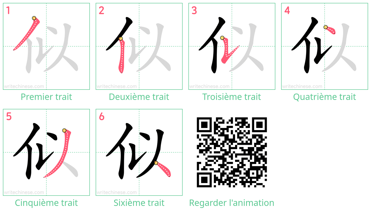 Diagrammes d'ordre des traits étape par étape pour le caractère 似