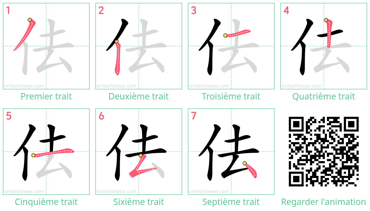 Diagrammes d'ordre des traits étape par étape pour le caractère 佉