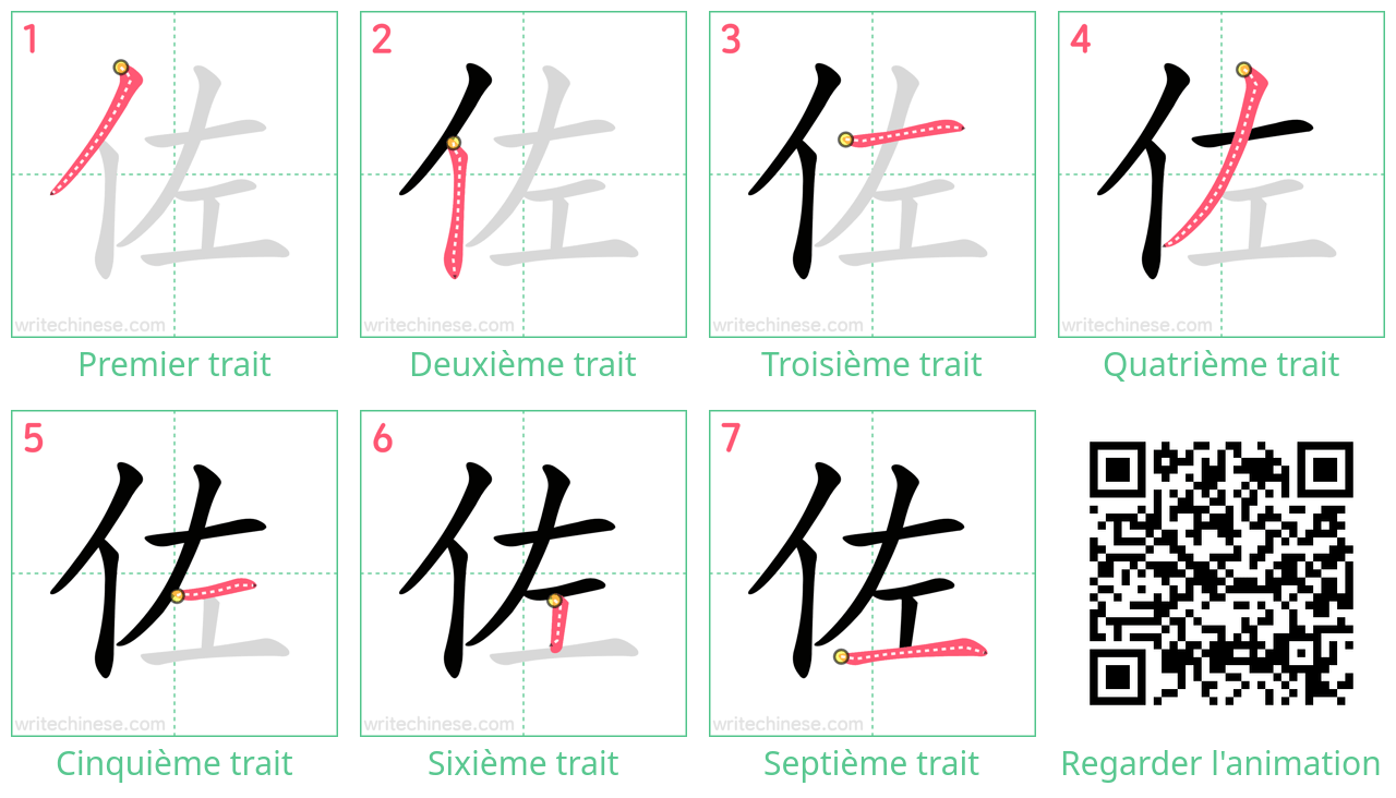 Diagrammes d'ordre des traits étape par étape pour le caractère 佐