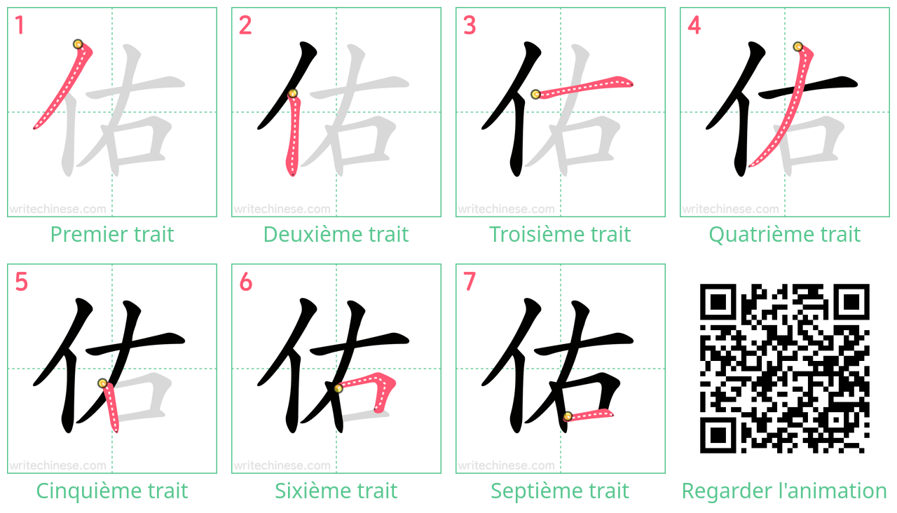 Diagrammes d'ordre des traits étape par étape pour le caractère 佑