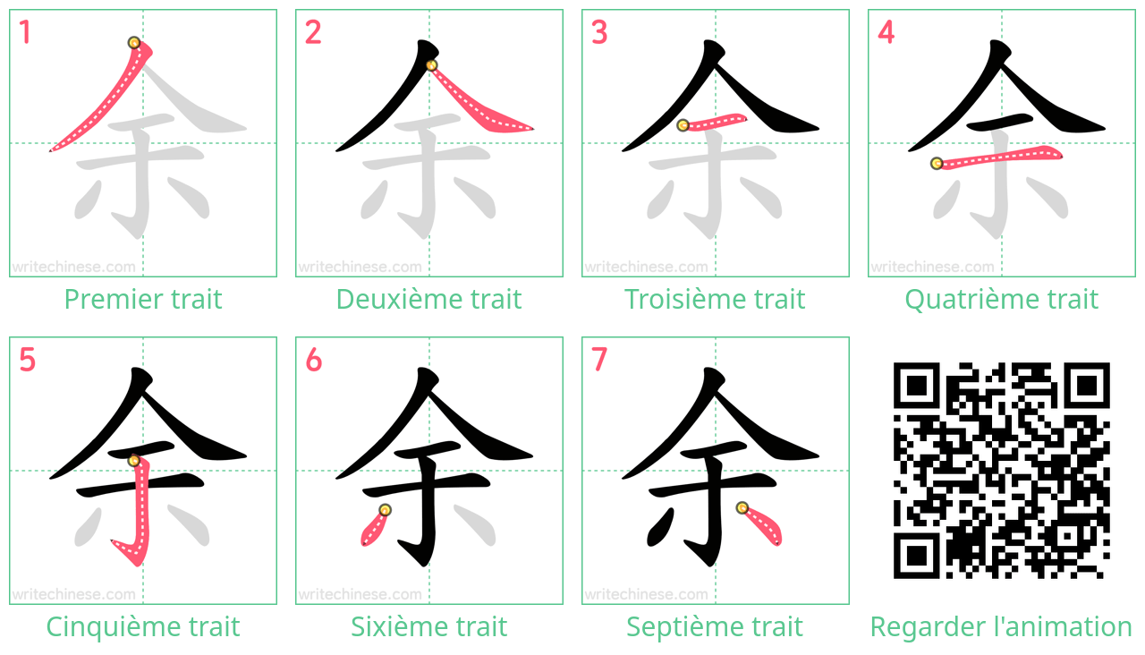 Diagrammes d'ordre des traits étape par étape pour le caractère 余