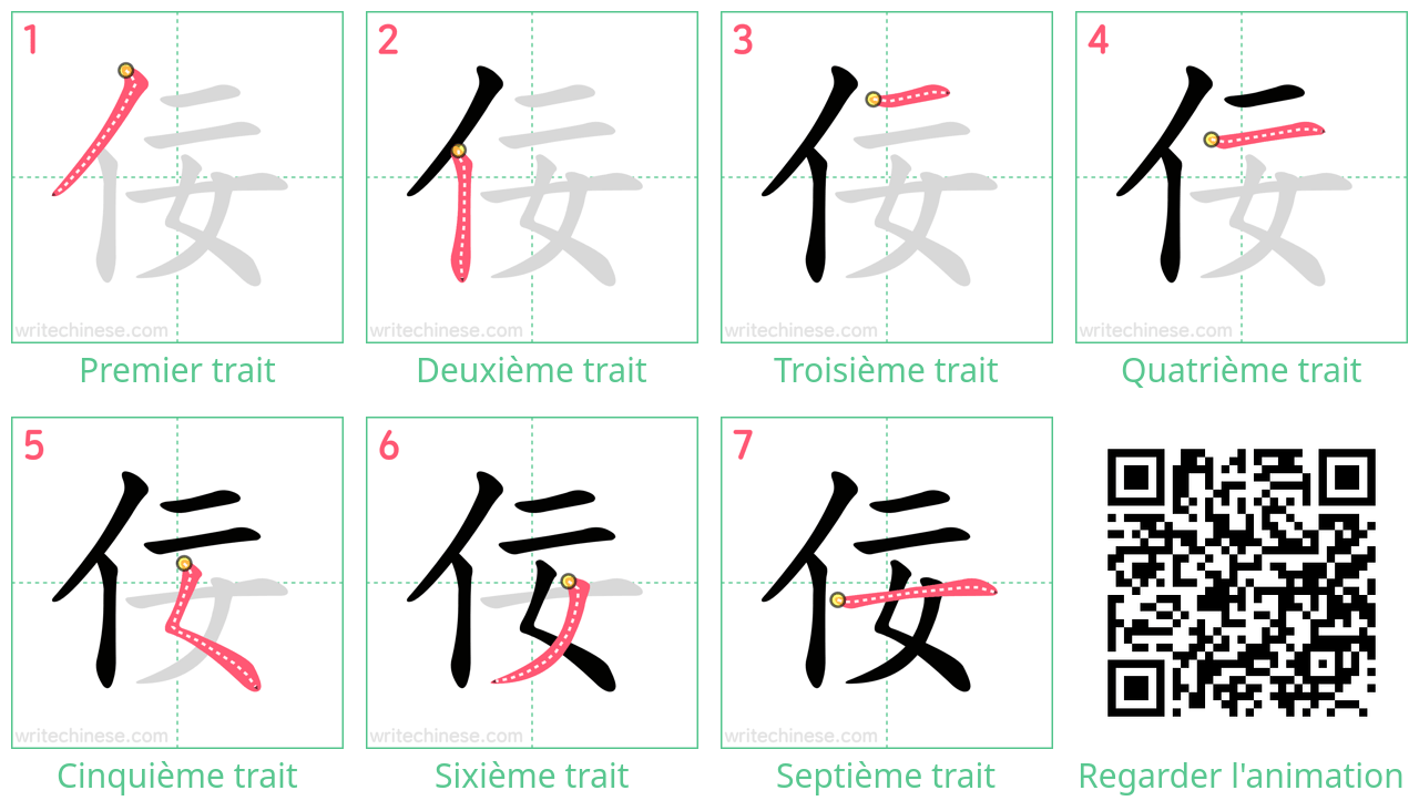 Diagrammes d'ordre des traits étape par étape pour le caractère 佞