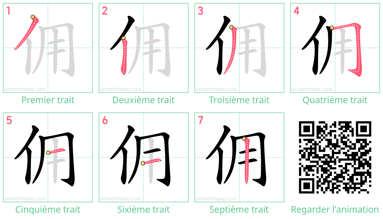 Diagrammes d'ordre des traits étape par étape pour le caractère 佣