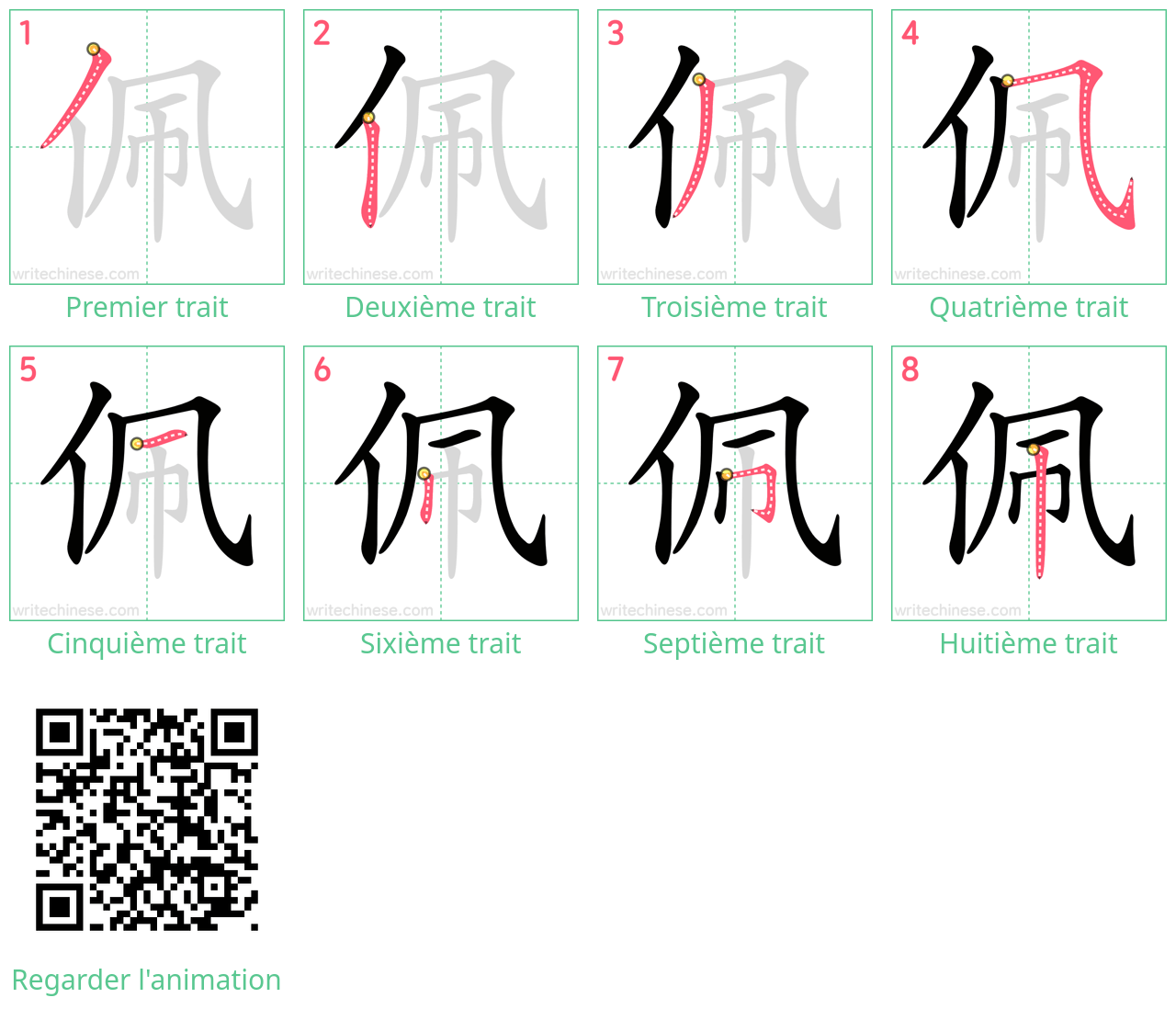 Diagrammes d'ordre des traits étape par étape pour le caractère 佩