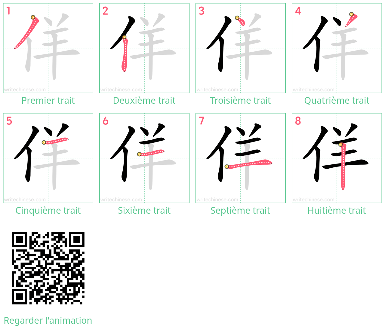 Diagrammes d'ordre des traits étape par étape pour le caractère 佯