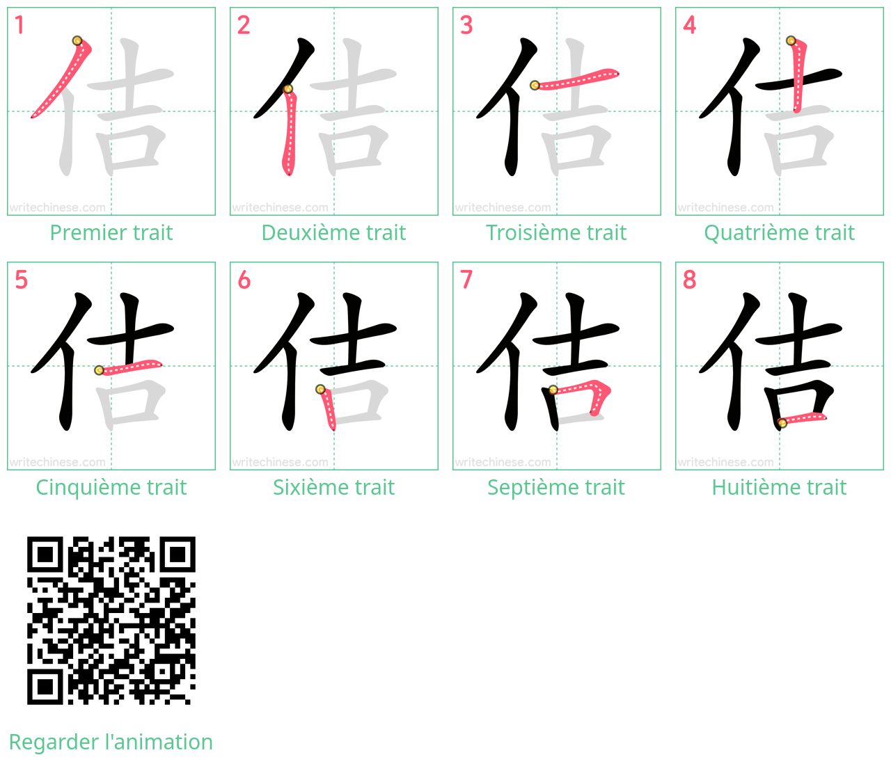 Diagrammes d'ordre des traits étape par étape pour le caractère 佶