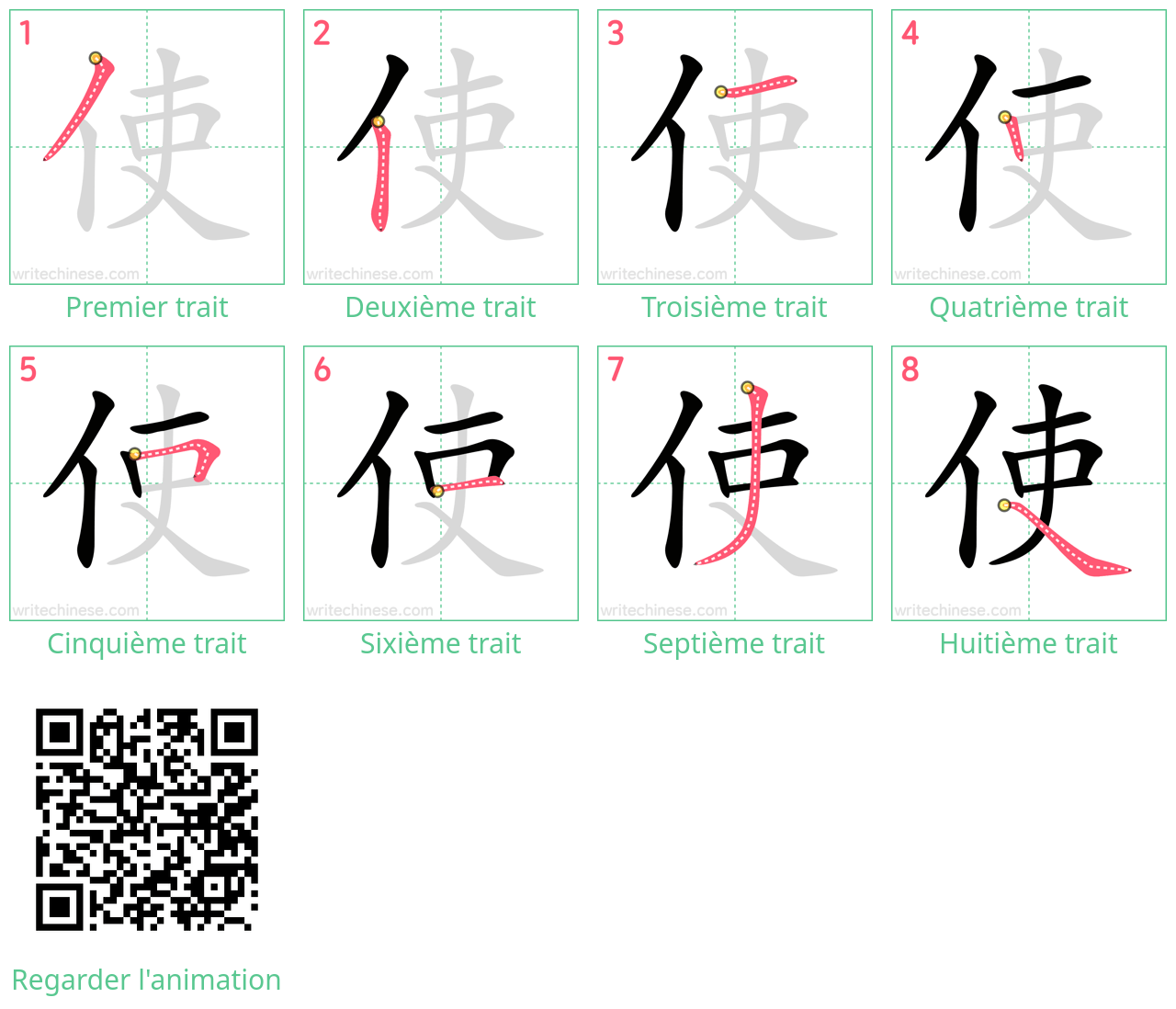 Diagrammes d'ordre des traits étape par étape pour le caractère 使