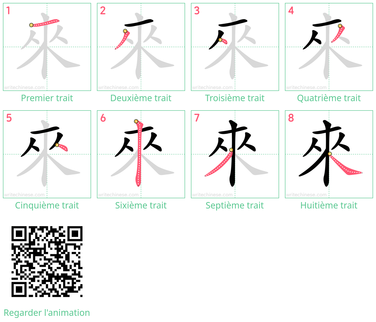 Diagrammes d'ordre des traits étape par étape pour le caractère 來