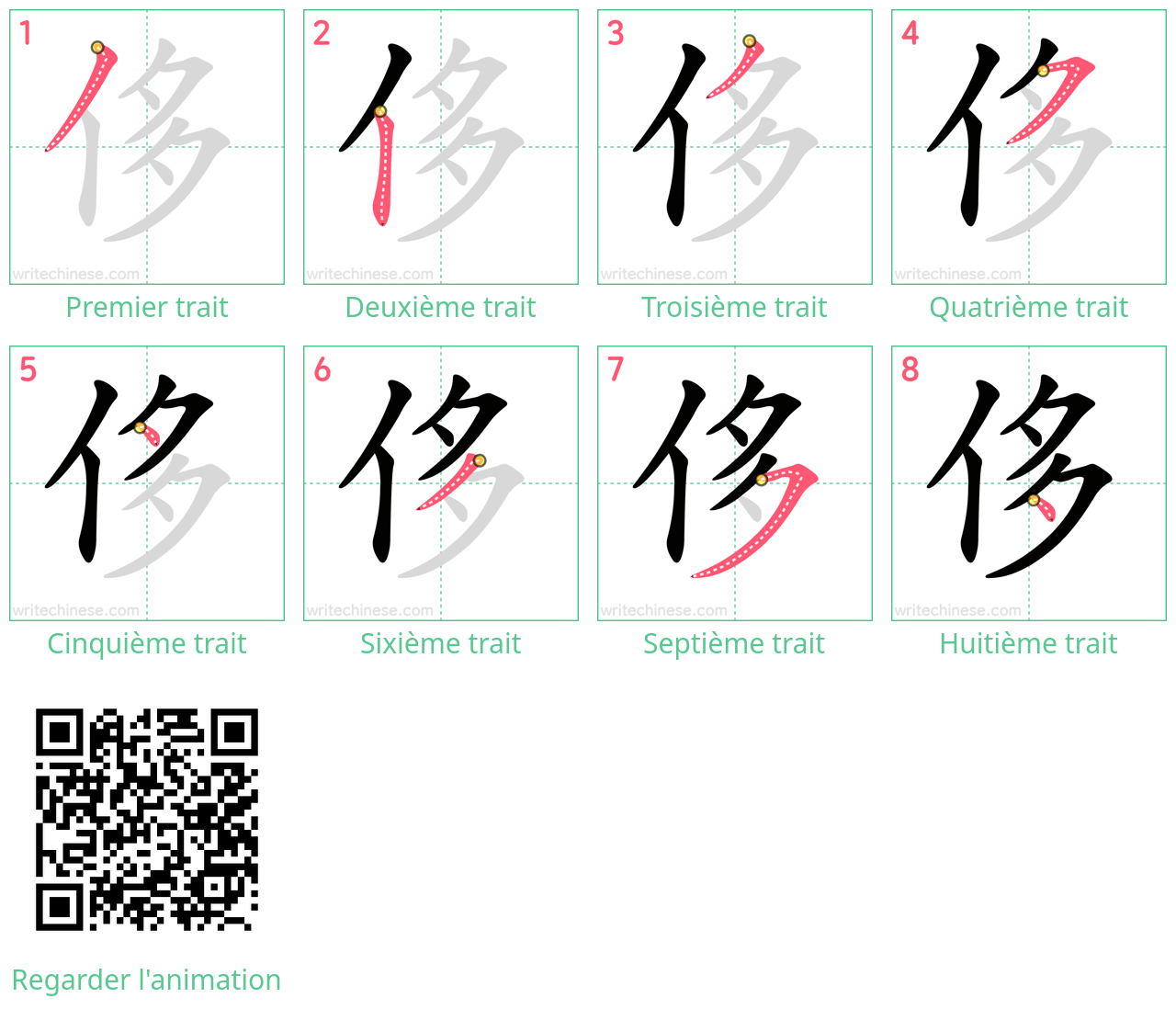 Diagrammes d'ordre des traits étape par étape pour le caractère 侈