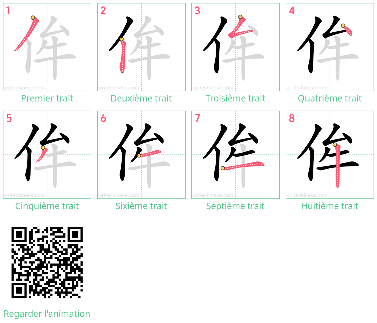 Diagrammes d'ordre des traits étape par étape pour le caractère 侔