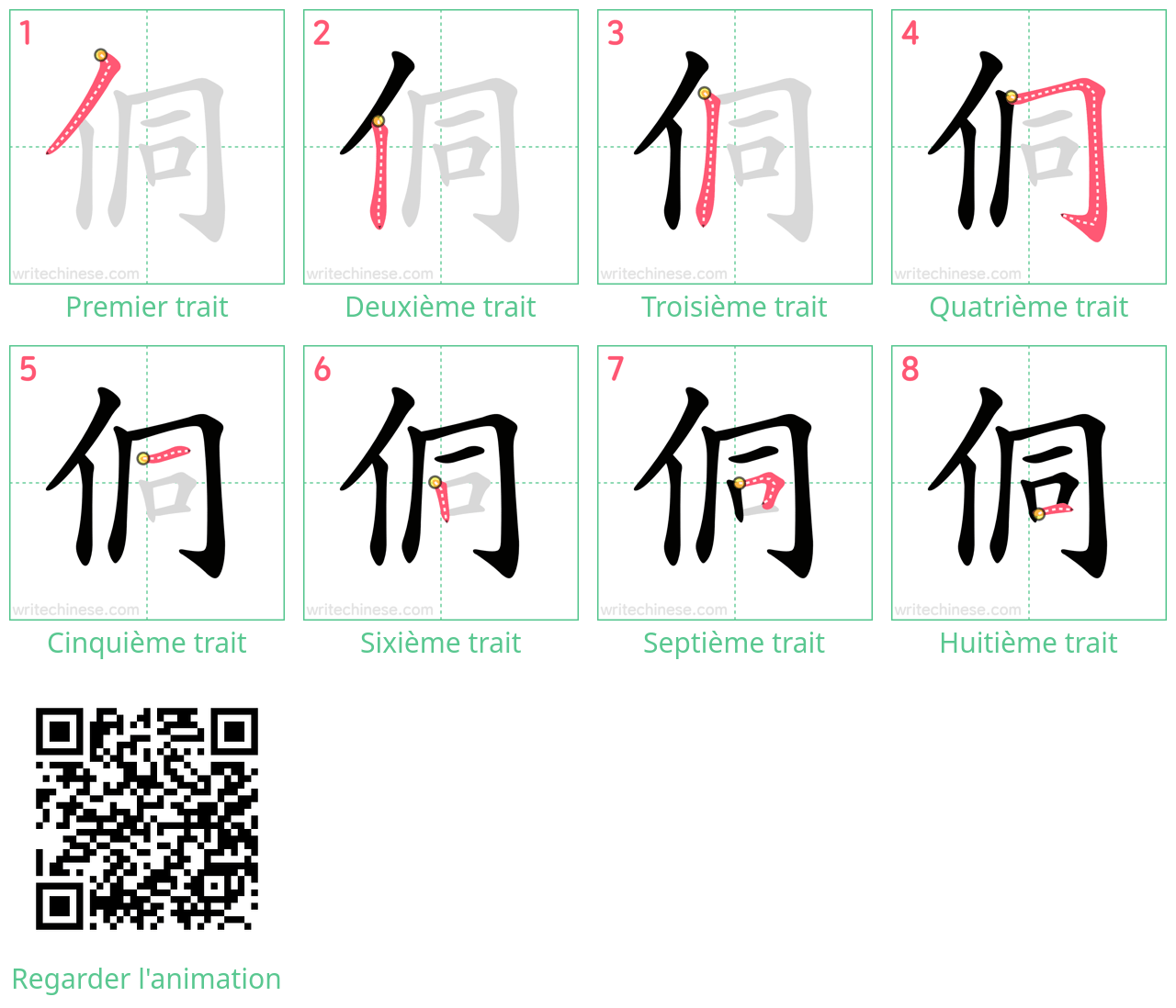 Diagrammes d'ordre des traits étape par étape pour le caractère 侗