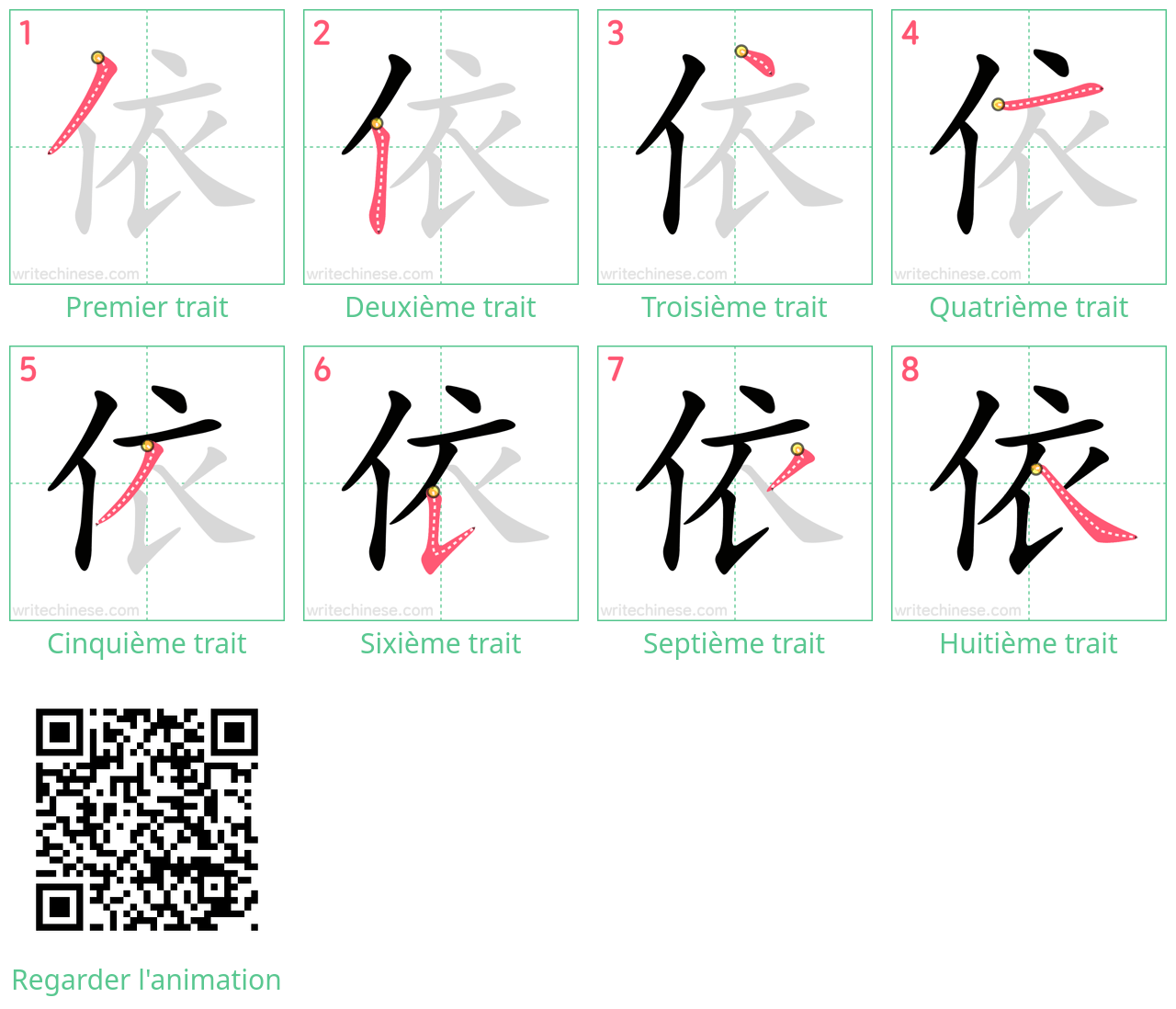 Diagrammes d'ordre des traits étape par étape pour le caractère 依