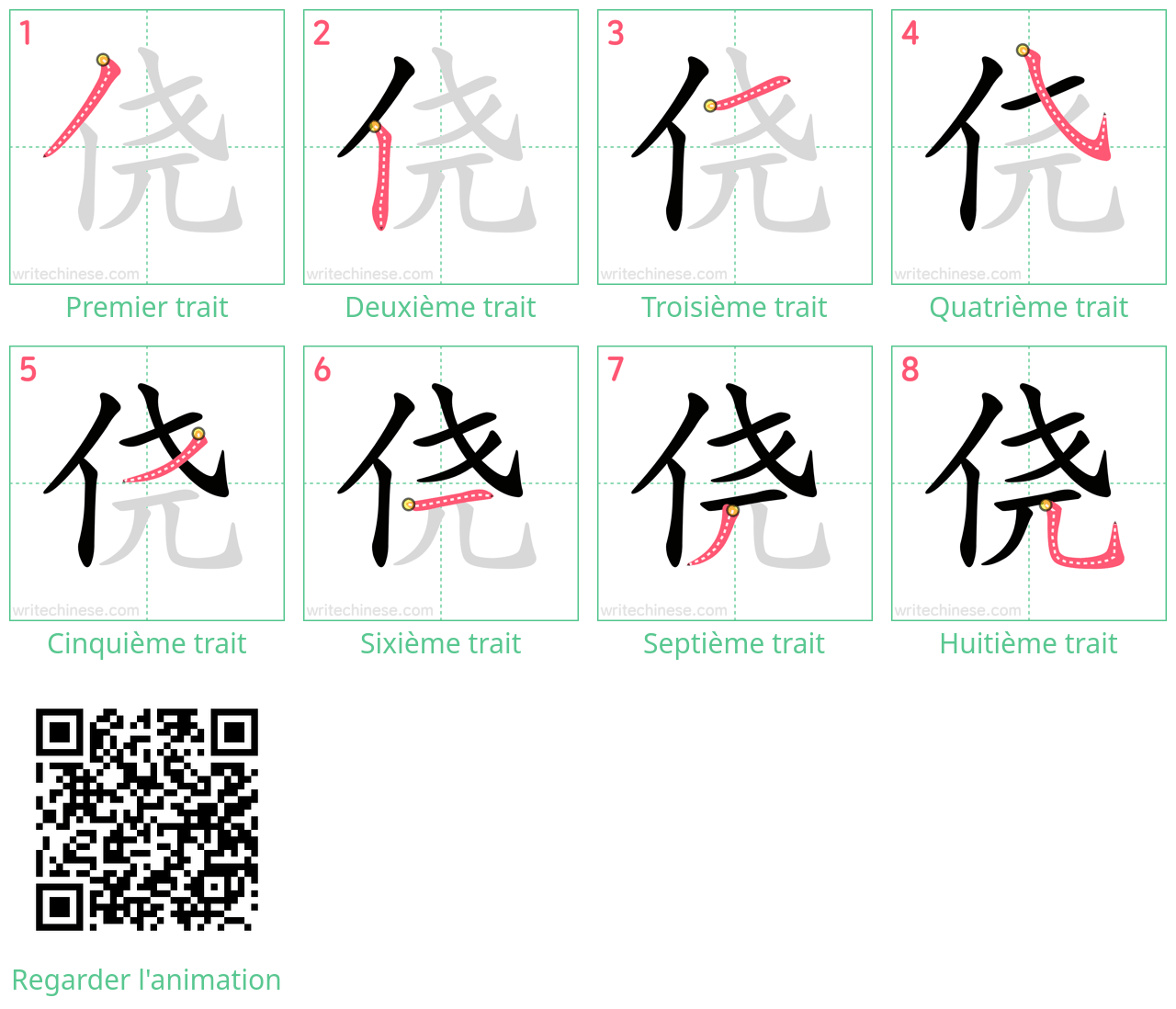 Diagrammes d'ordre des traits étape par étape pour le caractère 侥