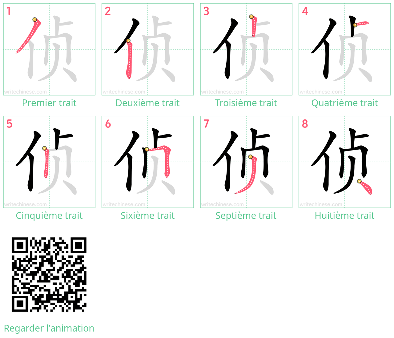 Diagrammes d'ordre des traits étape par étape pour le caractère 侦