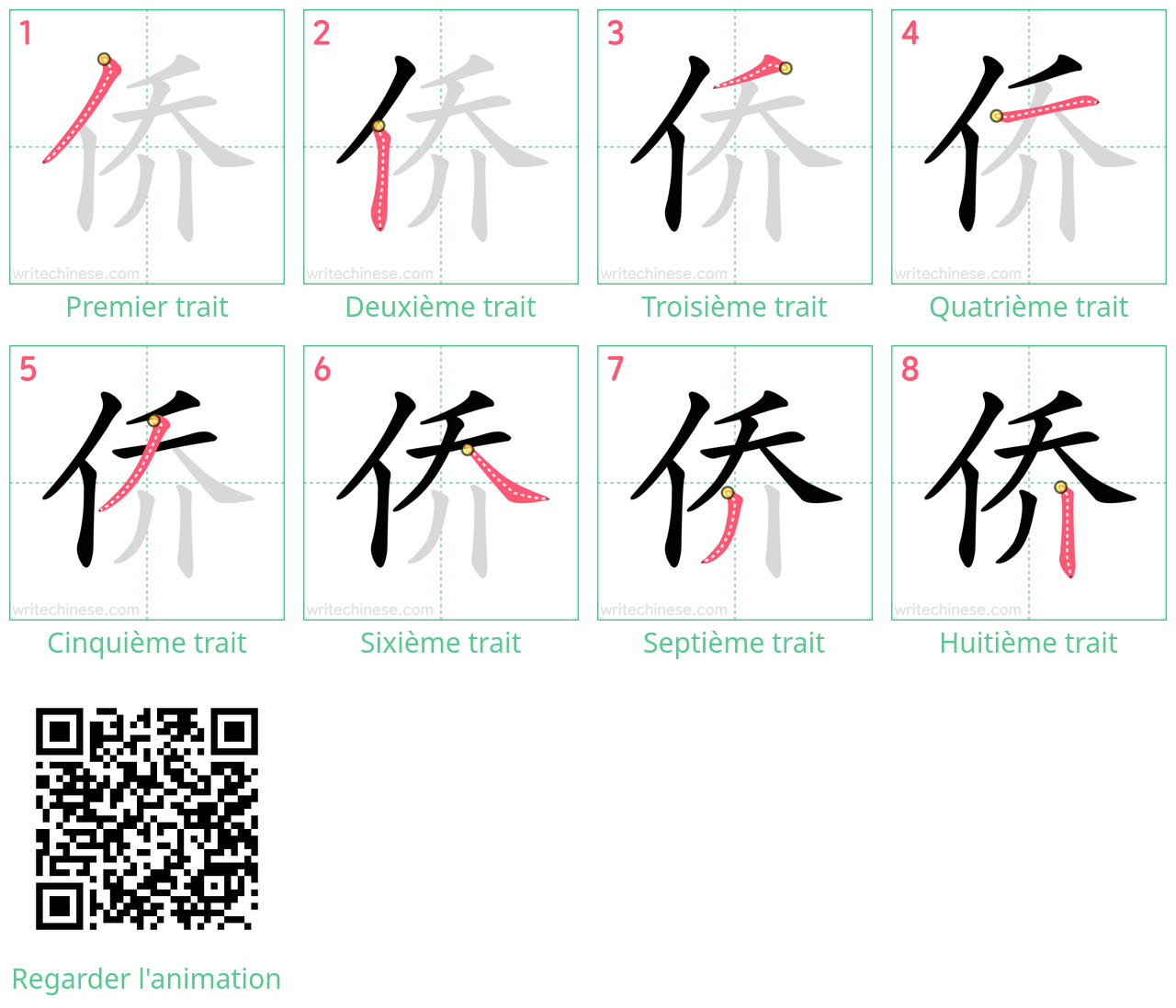 Diagrammes d'ordre des traits étape par étape pour le caractère 侨