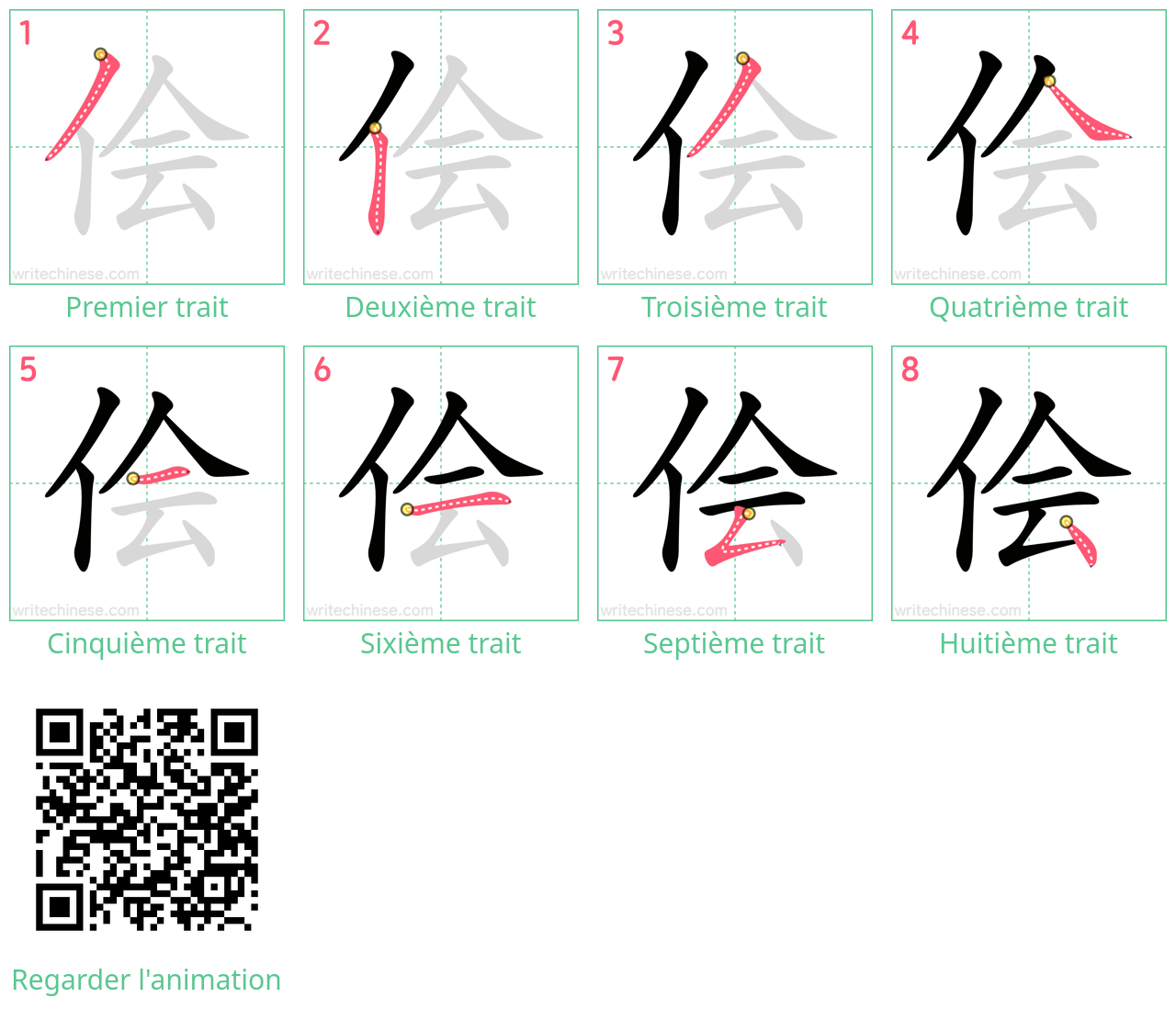 Diagrammes d'ordre des traits étape par étape pour le caractère 侩