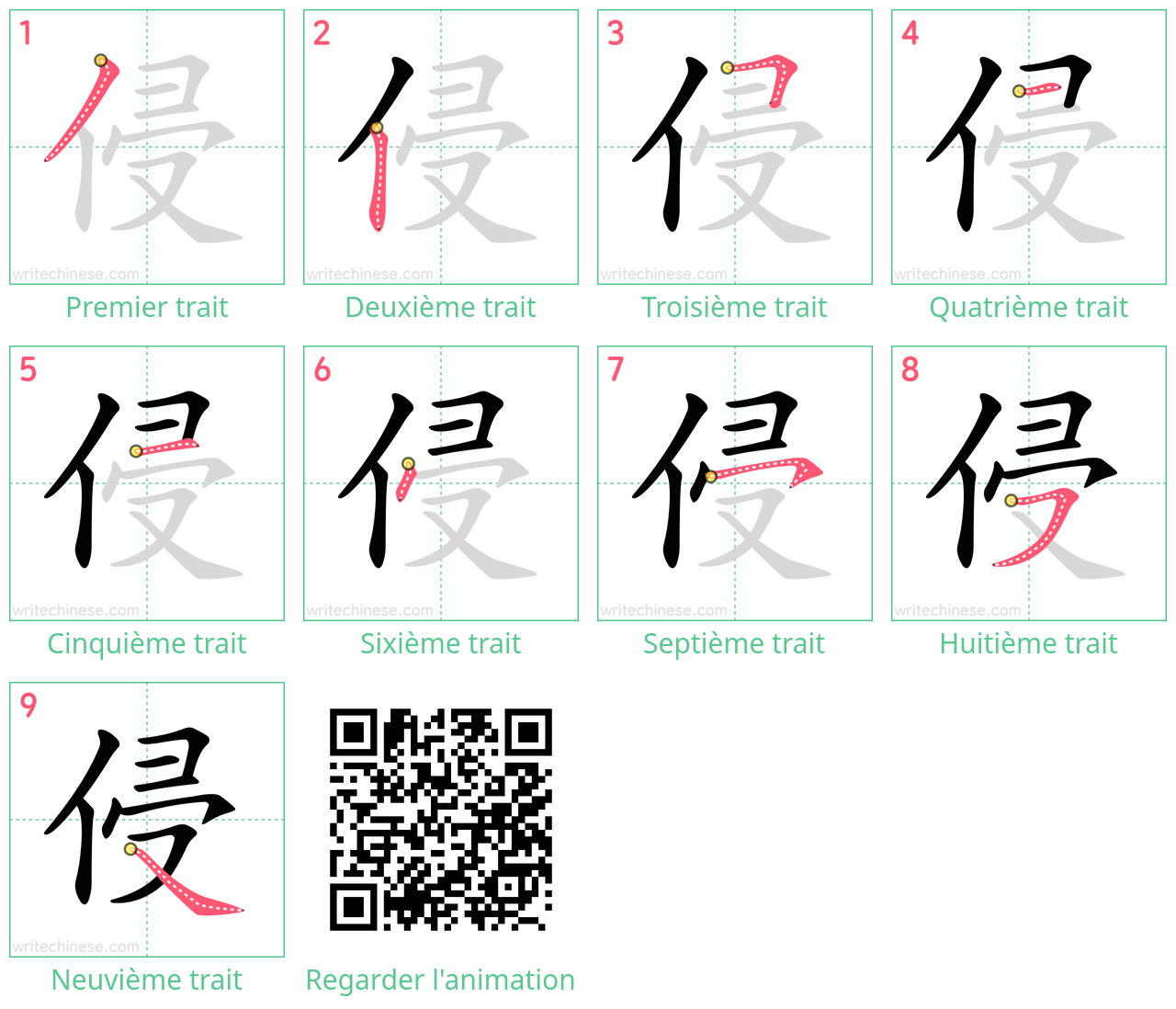 Diagrammes d'ordre des traits étape par étape pour le caractère 侵