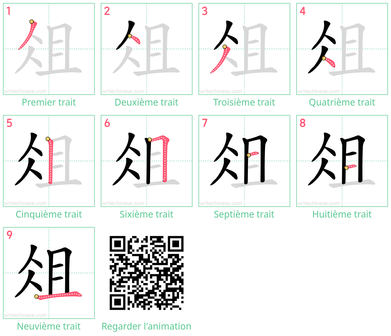 Diagrammes d'ordre des traits étape par étape pour le caractère 俎