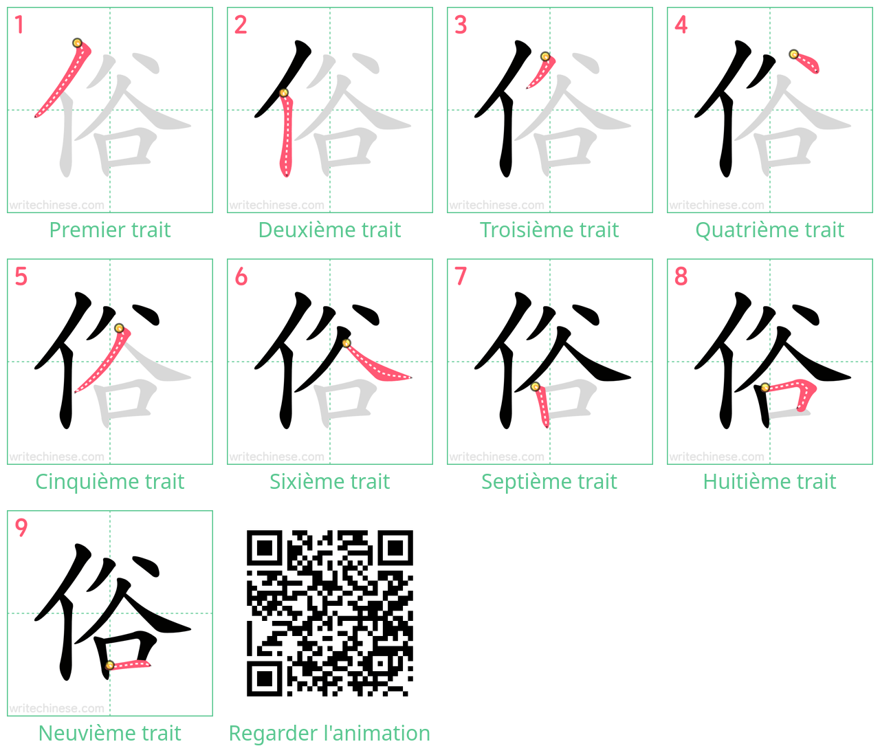 Diagrammes d'ordre des traits étape par étape pour le caractère 俗