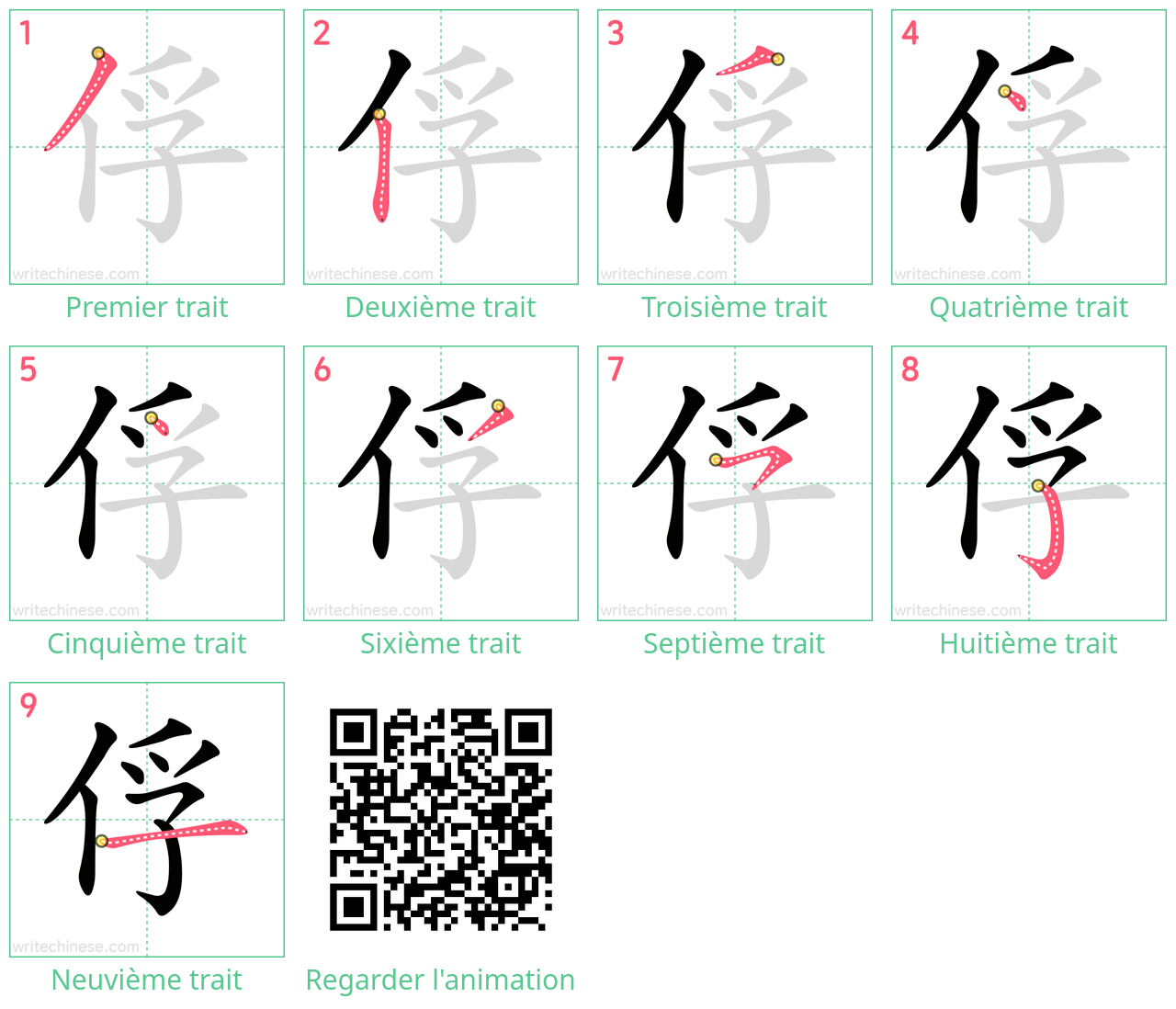 Diagrammes d'ordre des traits étape par étape pour le caractère 俘