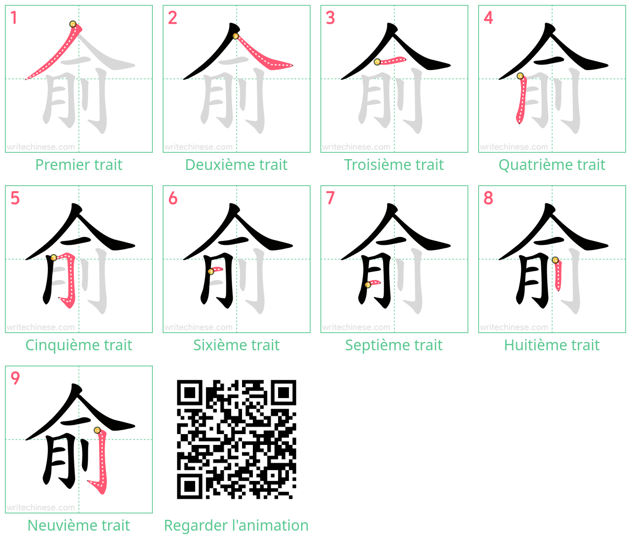 Diagrammes d'ordre des traits étape par étape pour le caractère 俞
