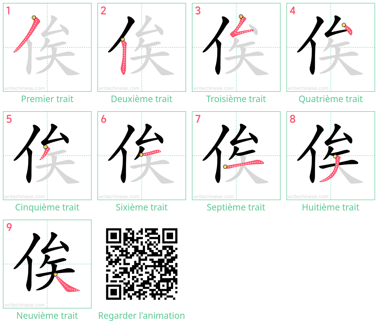 Diagrammes d'ordre des traits étape par étape pour le caractère 俟