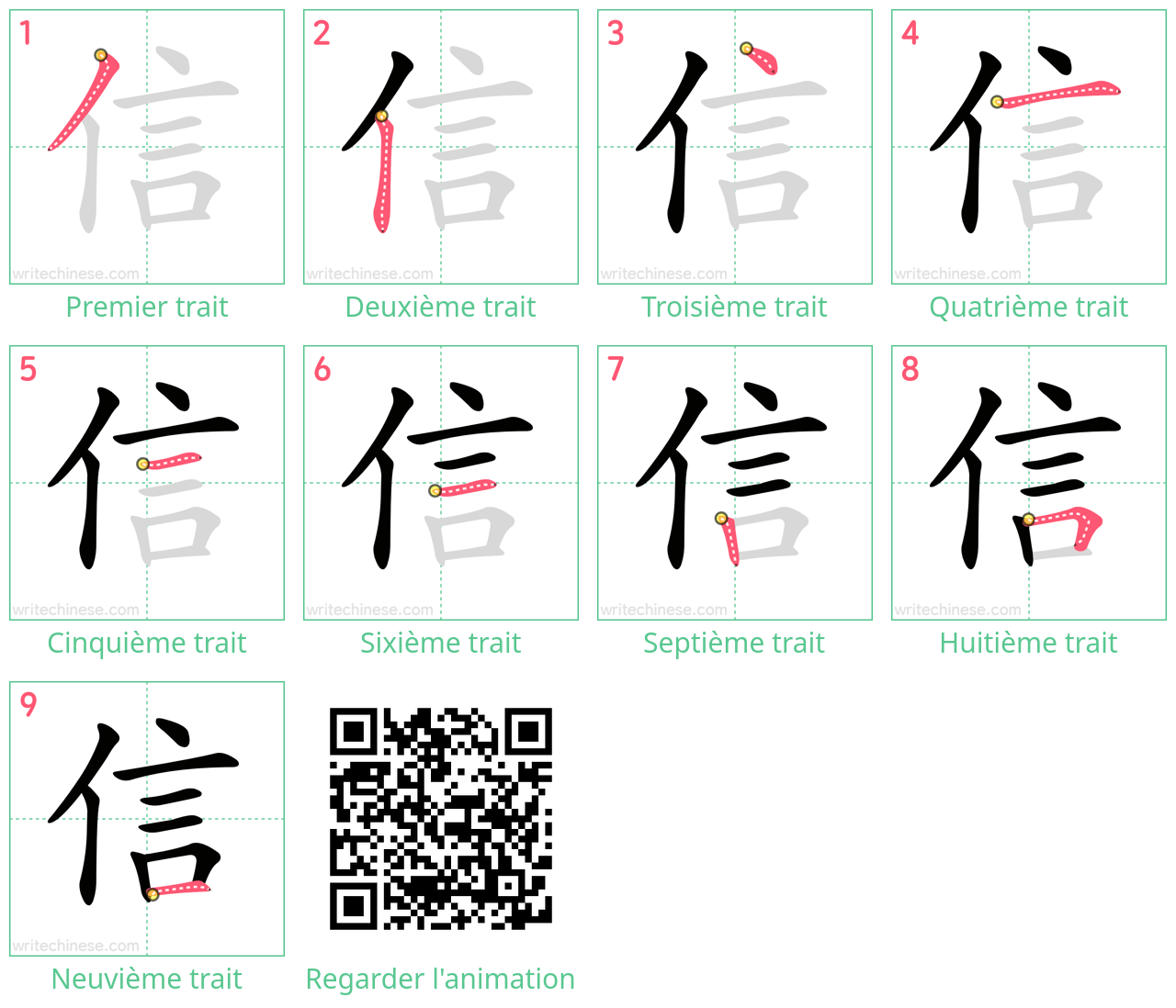 Diagrammes d'ordre des traits étape par étape pour le caractère 信