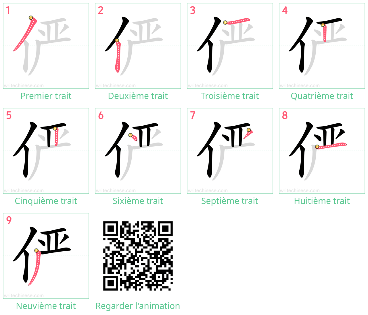 Diagrammes d'ordre des traits étape par étape pour le caractère 俨