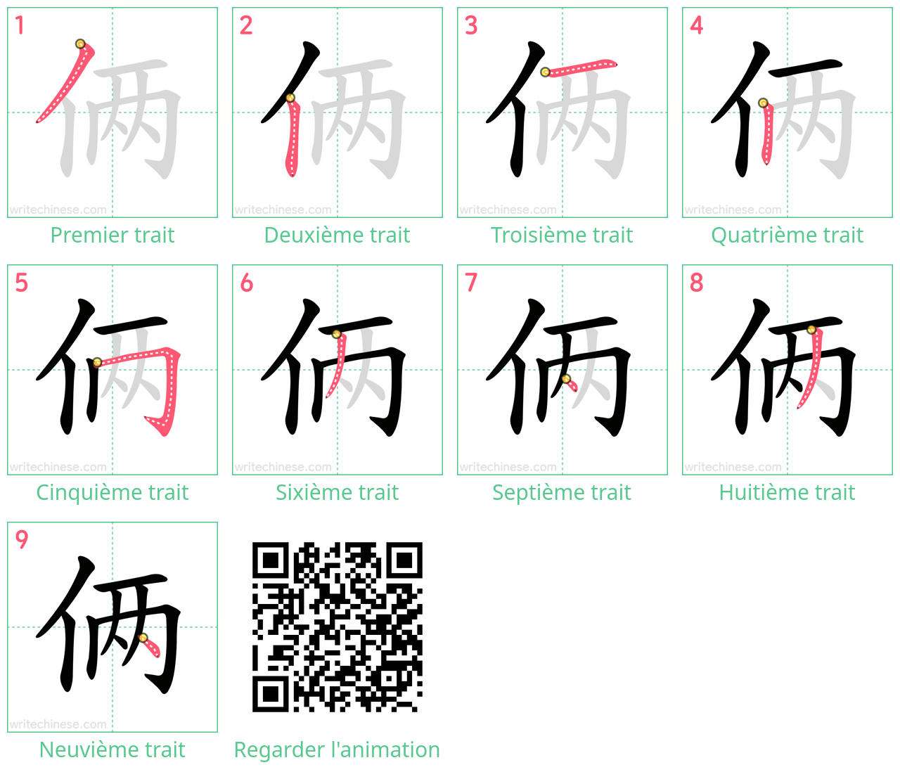 Diagrammes d'ordre des traits étape par étape pour le caractère 俩