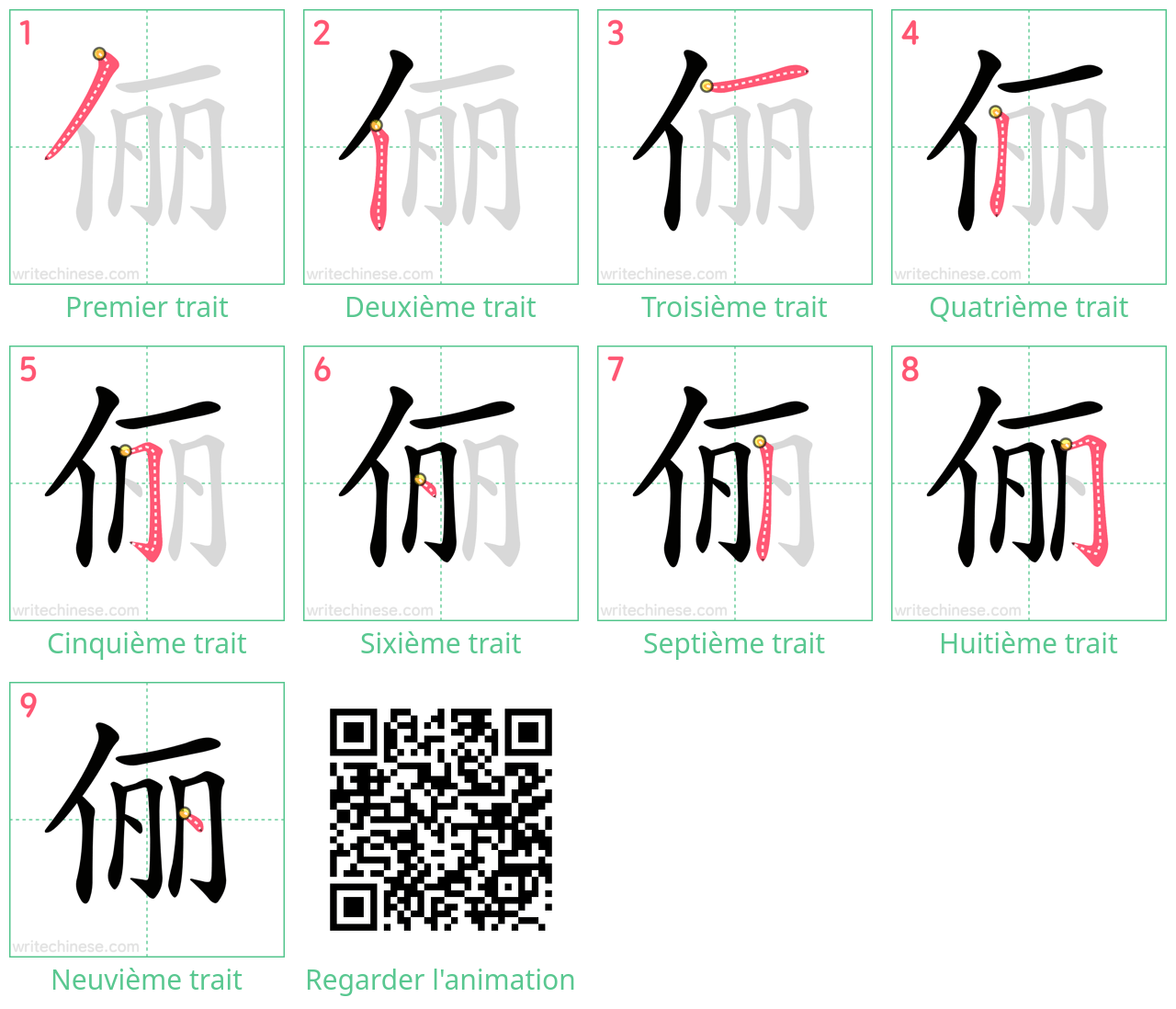 Diagrammes d'ordre des traits étape par étape pour le caractère 俪