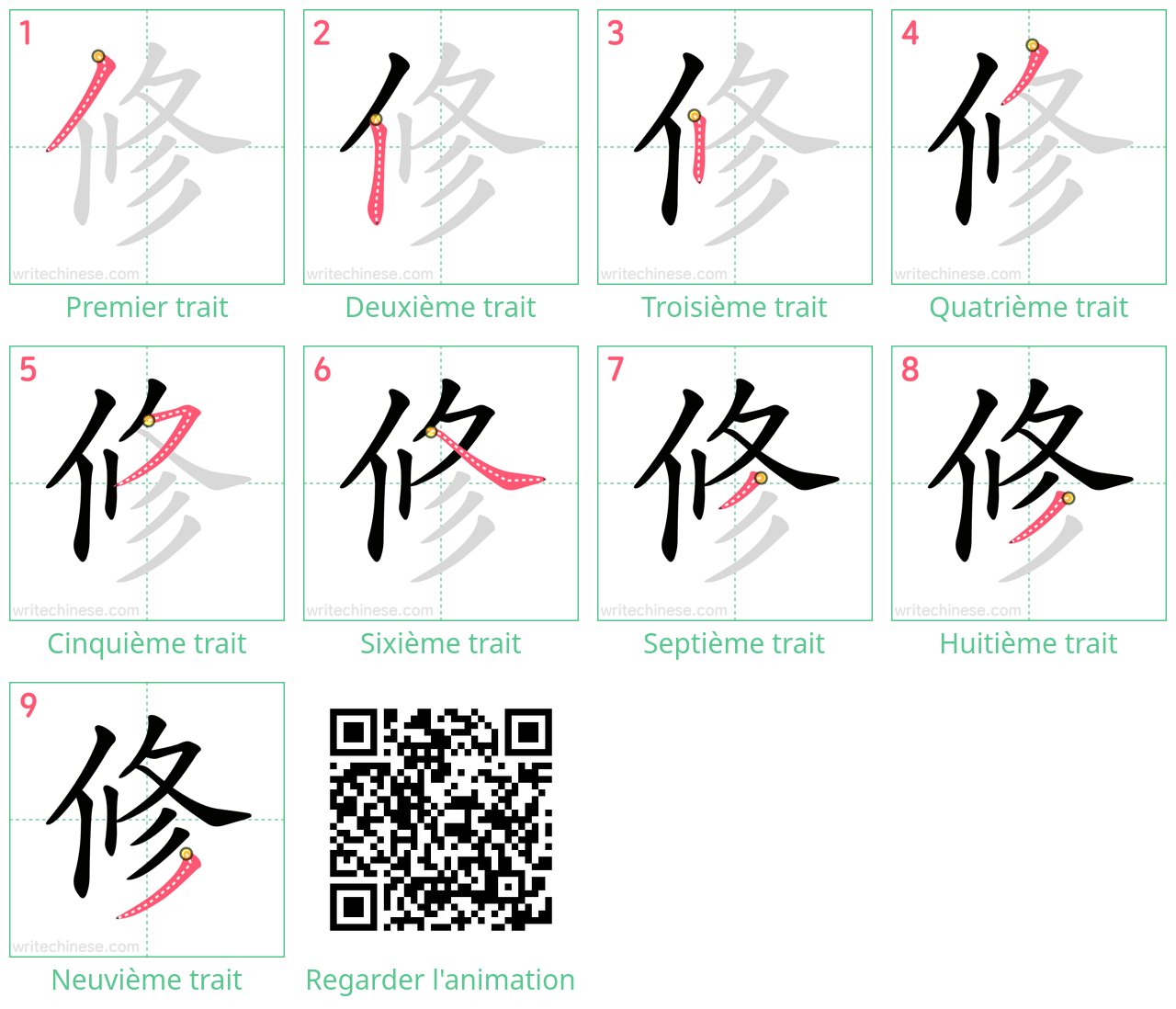 Diagrammes d'ordre des traits étape par étape pour le caractère 修