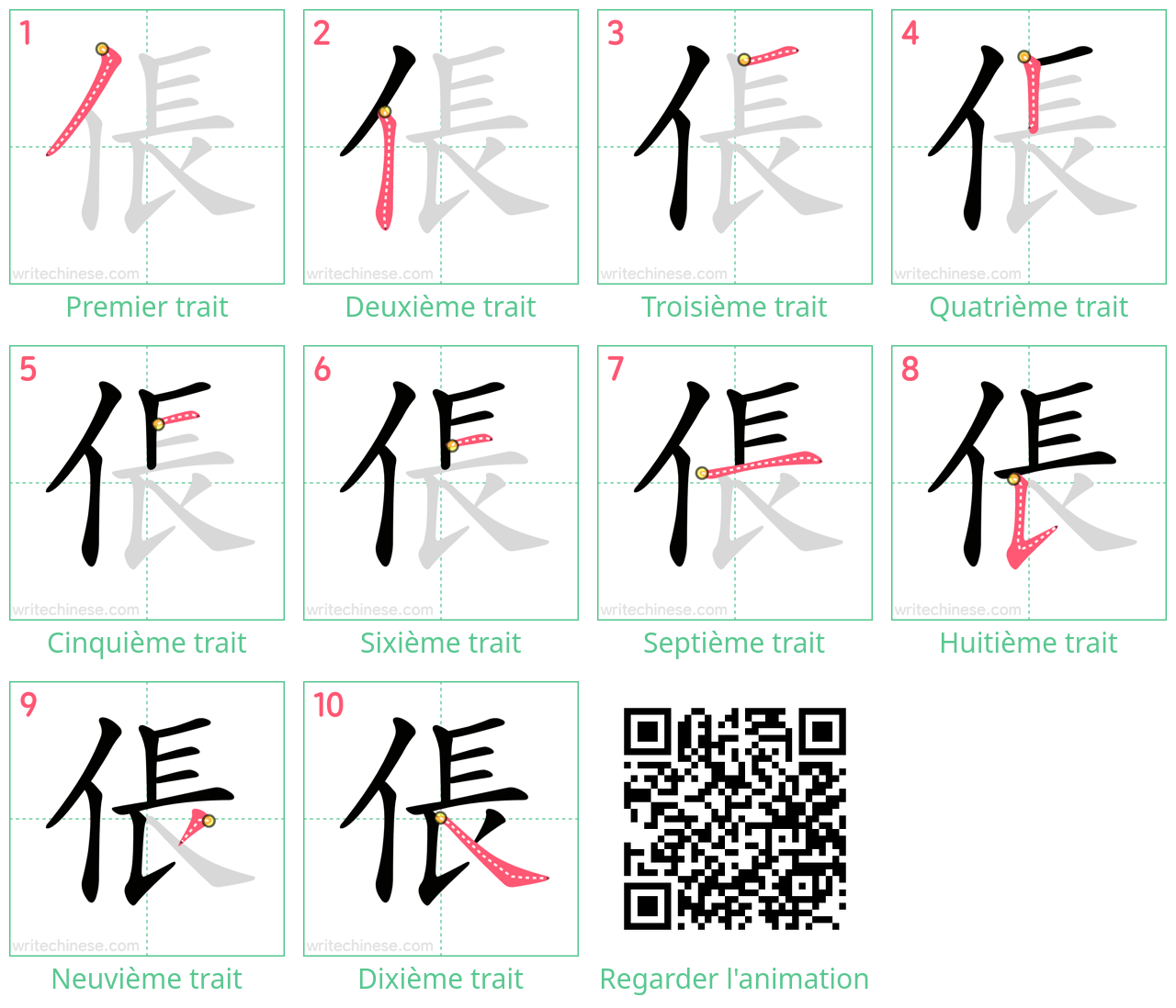 Diagrammes d'ordre des traits étape par étape pour le caractère 倀