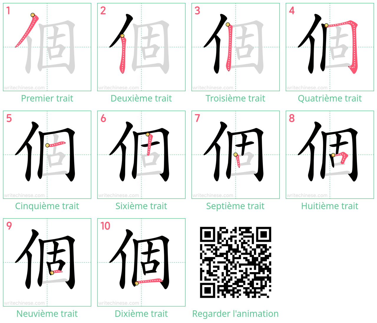 Diagrammes d'ordre des traits étape par étape pour le caractère 個