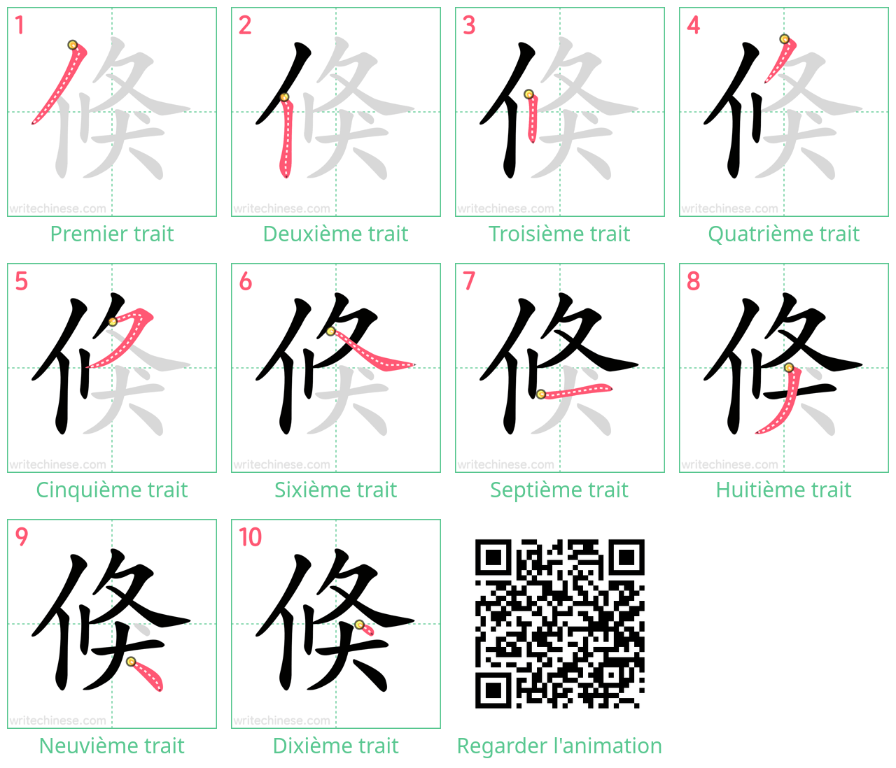 Diagrammes d'ordre des traits étape par étape pour le caractère 倏