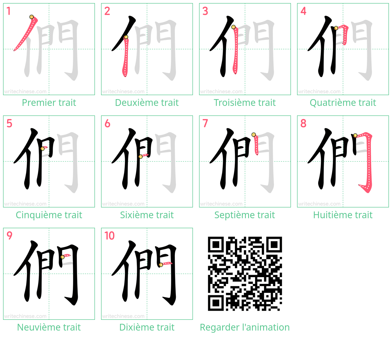 Diagrammes d'ordre des traits étape par étape pour le caractère 們