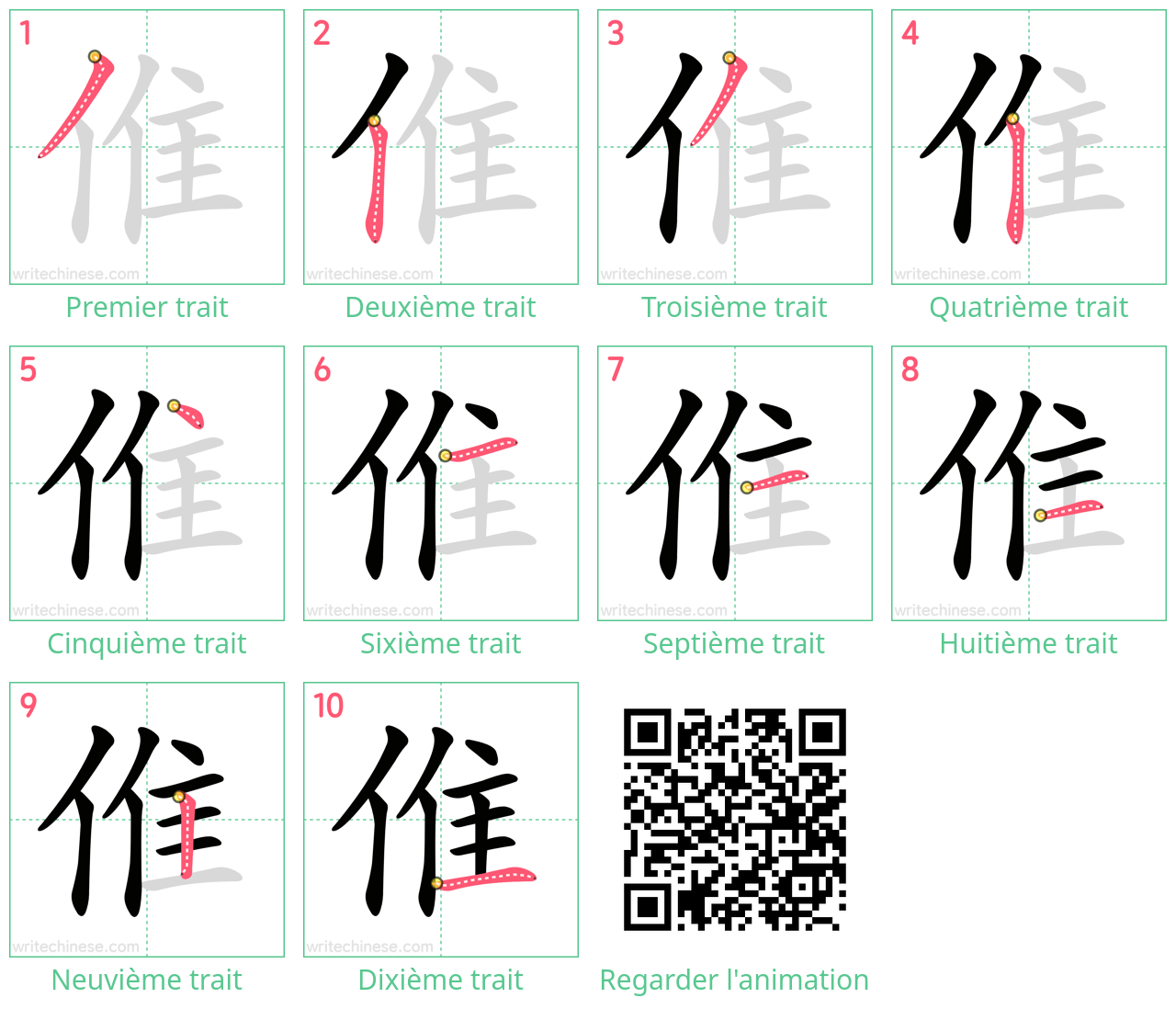 Diagrammes d'ordre des traits étape par étape pour le caractère 倠