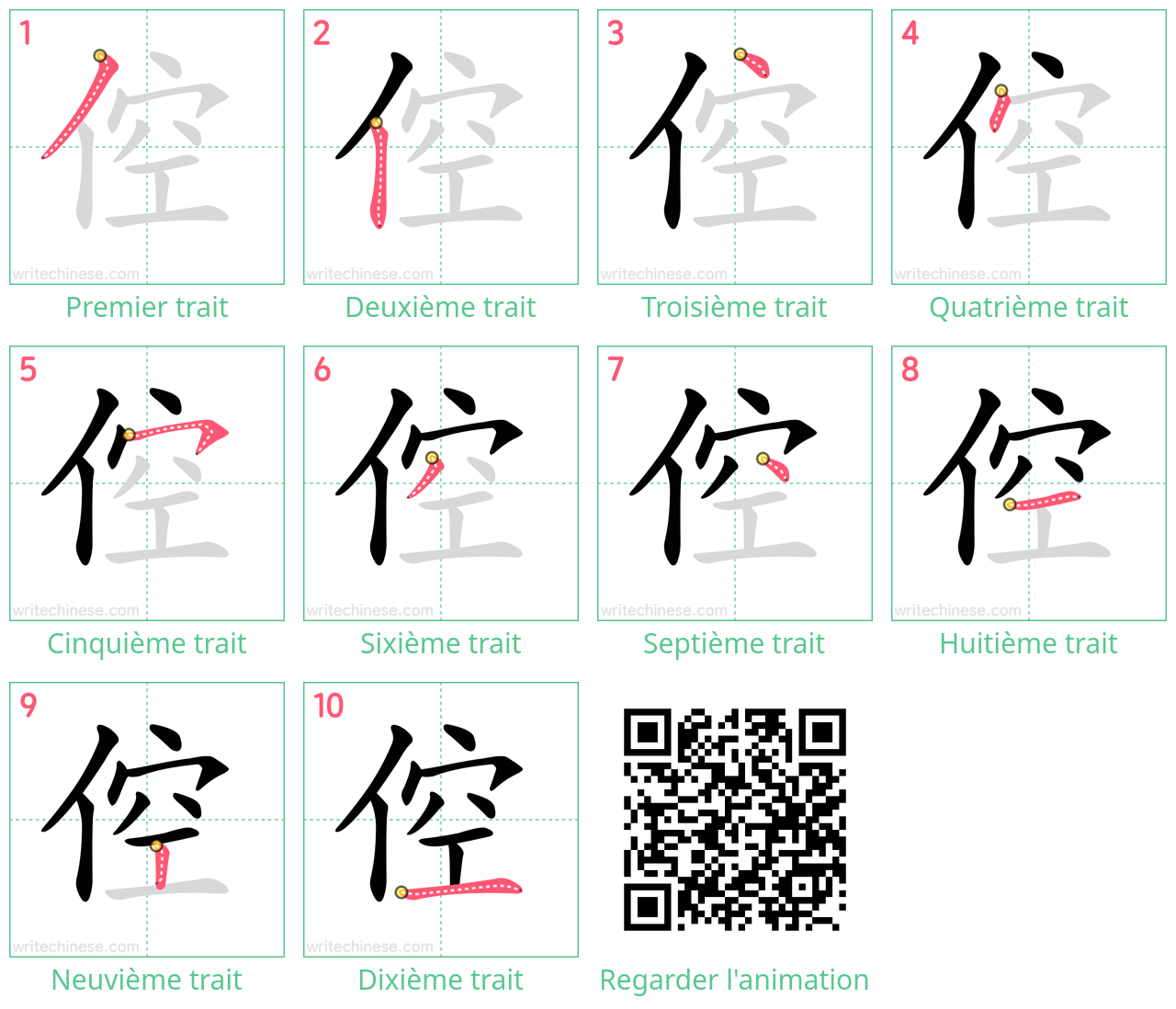 Diagrammes d'ordre des traits étape par étape pour le caractère 倥