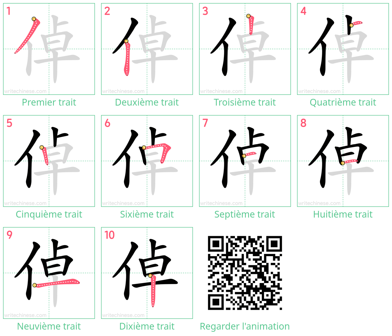 Diagrammes d'ordre des traits étape par étape pour le caractère 倬