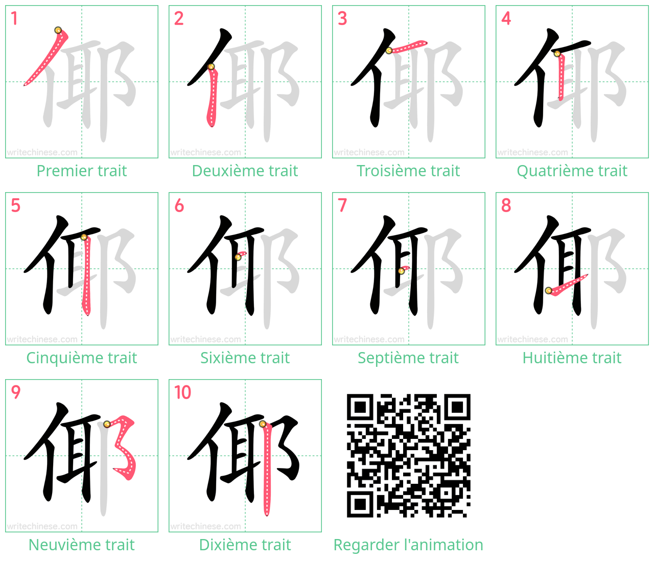 Diagrammes d'ordre des traits étape par étape pour le caractère 倻