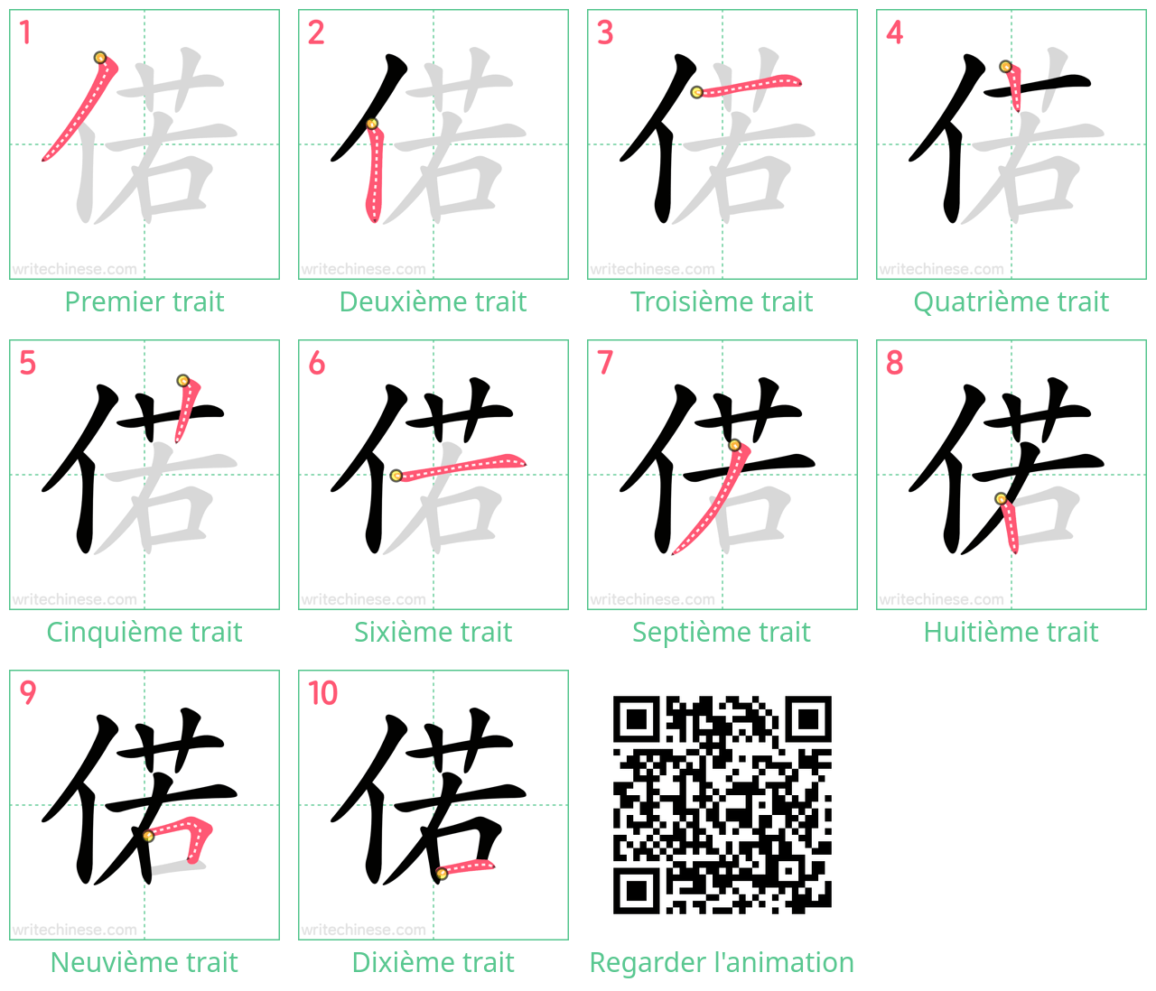 Diagrammes d'ordre des traits étape par étape pour le caractère 偌