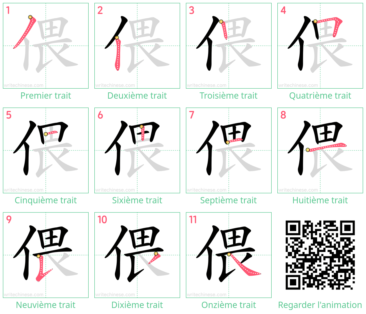 Diagrammes d'ordre des traits étape par étape pour le caractère 偎