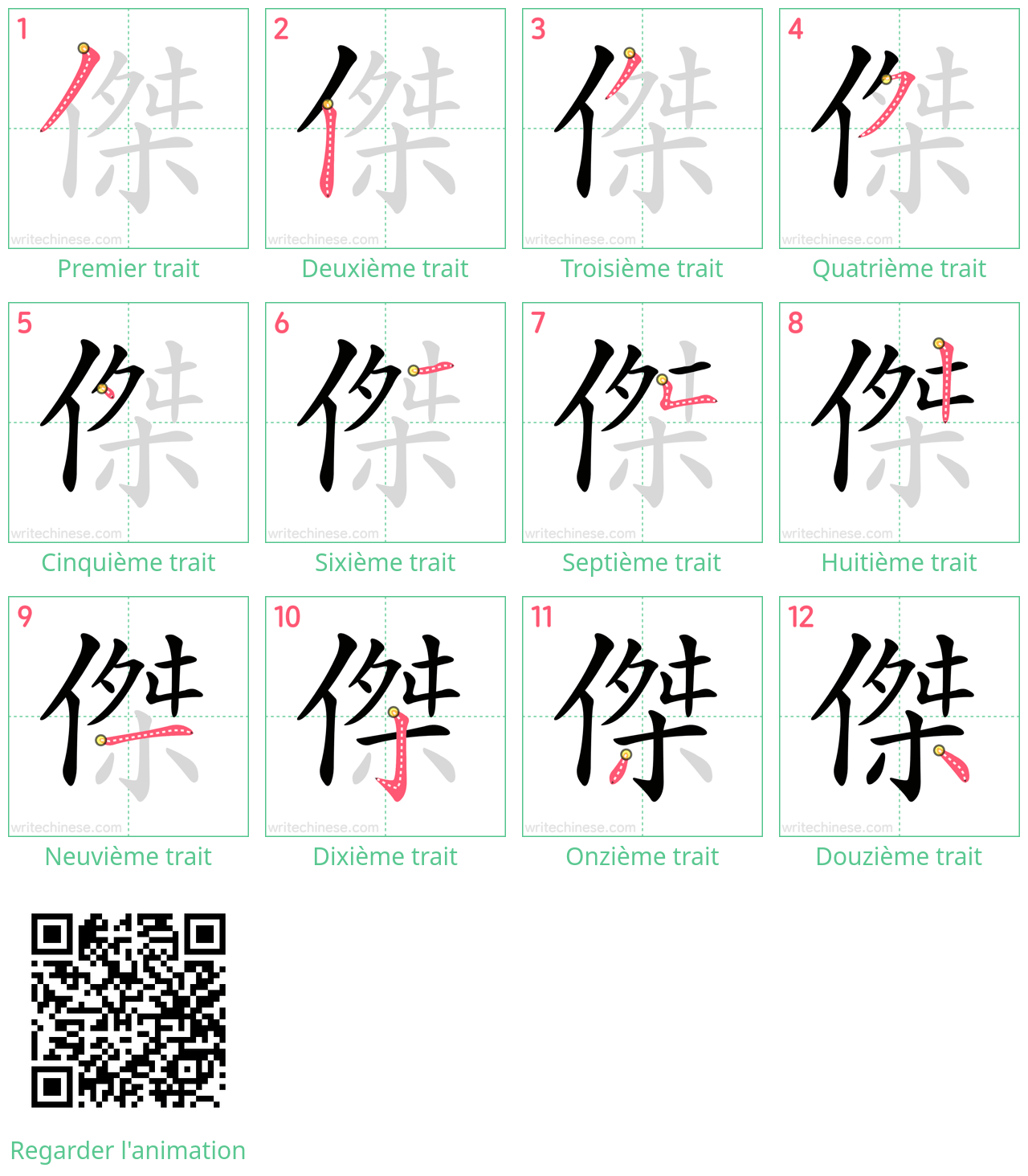 Diagrammes d'ordre des traits étape par étape pour le caractère 傑