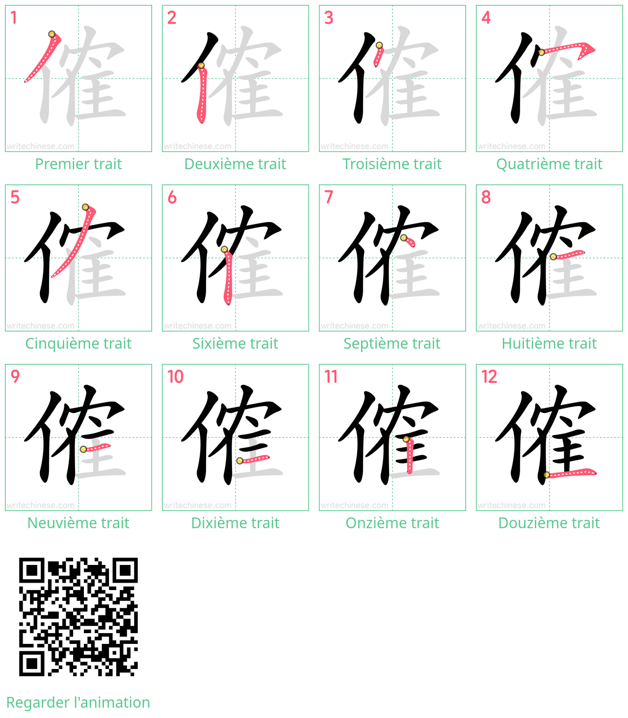 Diagrammes d'ordre des traits étape par étape pour le caractère 傕