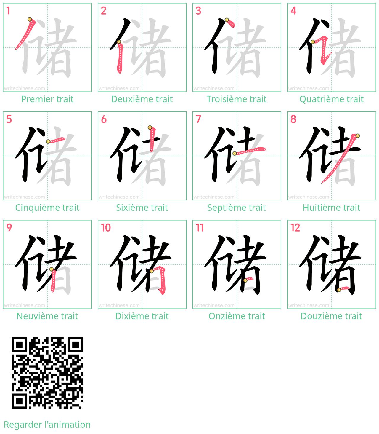 Diagrammes d'ordre des traits étape par étape pour le caractère 储