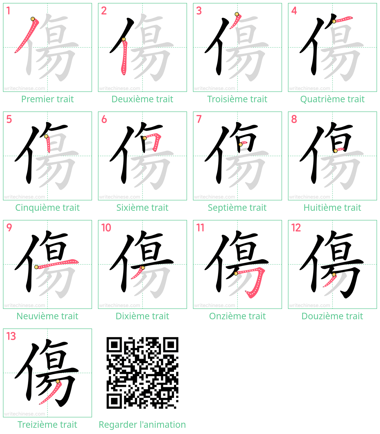 Diagrammes d'ordre des traits étape par étape pour le caractère 傷