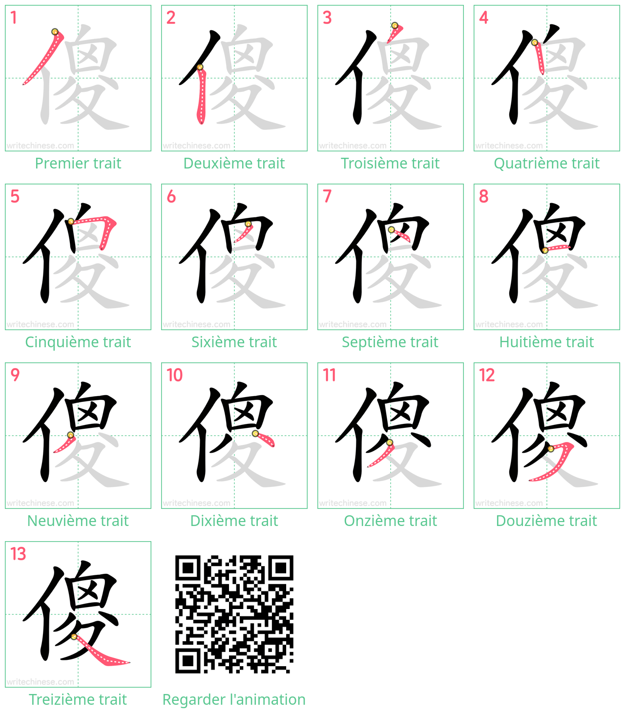 Diagrammes d'ordre des traits étape par étape pour le caractère 傻