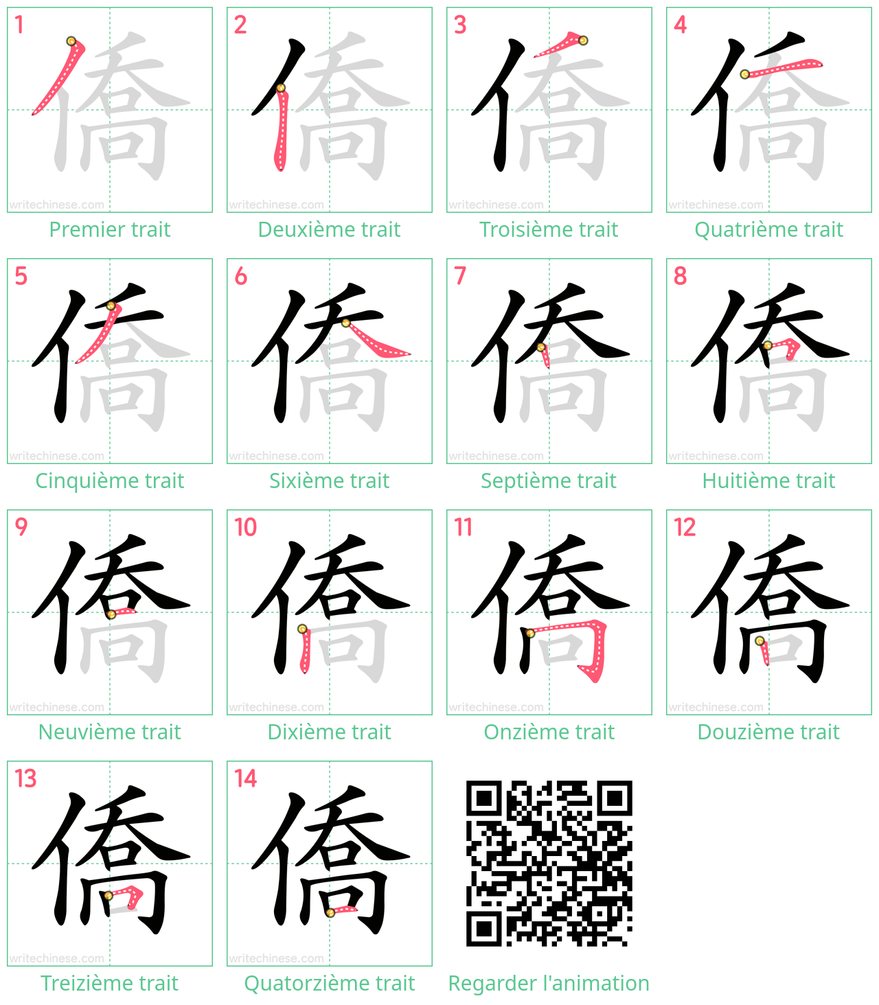 Diagrammes d'ordre des traits étape par étape pour le caractère 僑