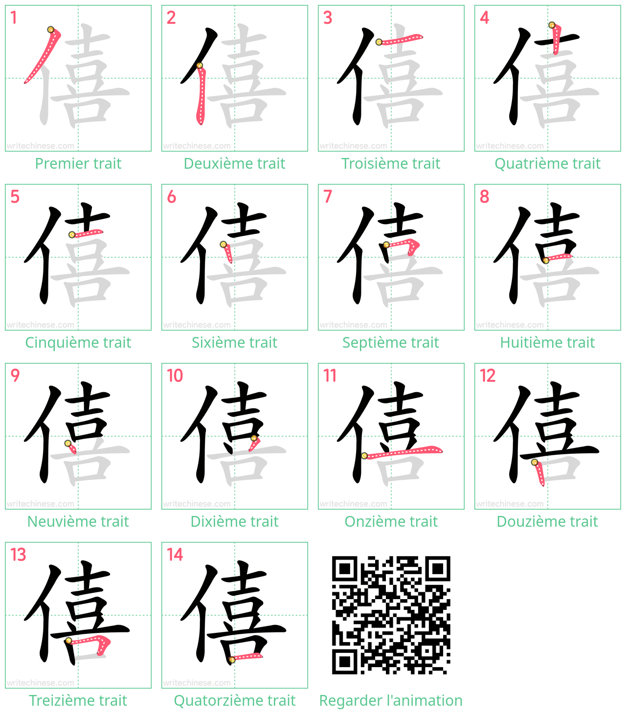 Diagrammes d'ordre des traits étape par étape pour le caractère 僖